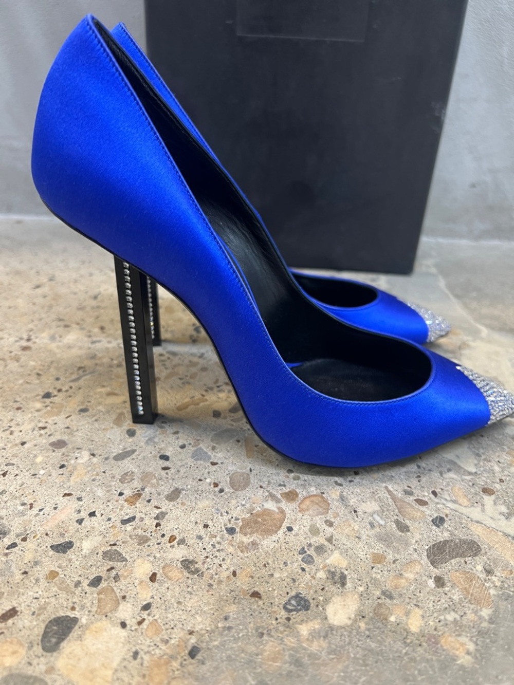 Saint Laurent Cobalt Blue Satin Pointed-Toe Pumps with Crystal Tips - Picture 3 of 6